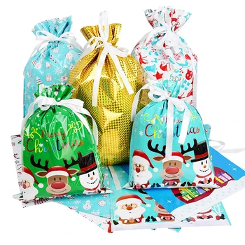 

42x29/31x24 cm PVC Drawstring Merry Christmas Santa Claus Gift Bags Large Gold Silver Goods Cookies Candy Packaging Bag 5Pcs