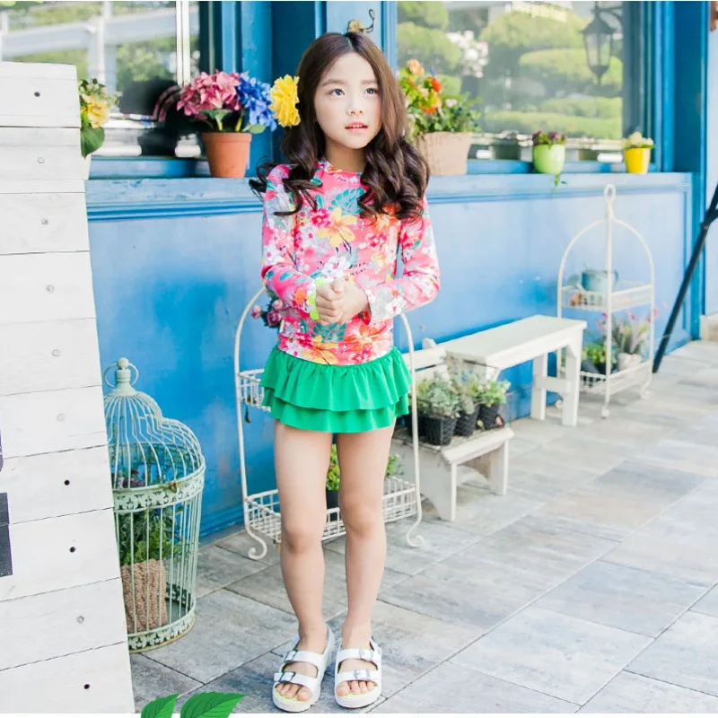 

Children Skirt-Boxer Bathing Suit Split Type Girls Big Boy Long Sleeve Sun-resistant Quick-Dry Big Flower Cute Baby Swimming Sui