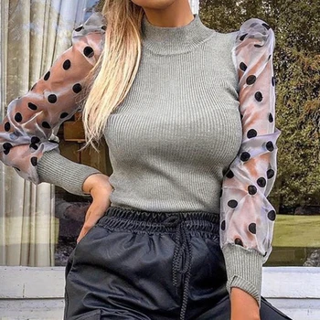 

2020 Casual Dot Print Mesh Puff Sleeve Transparent Knitted Sweater Pullover Fall Winter Women Turtleneck Sweater Top