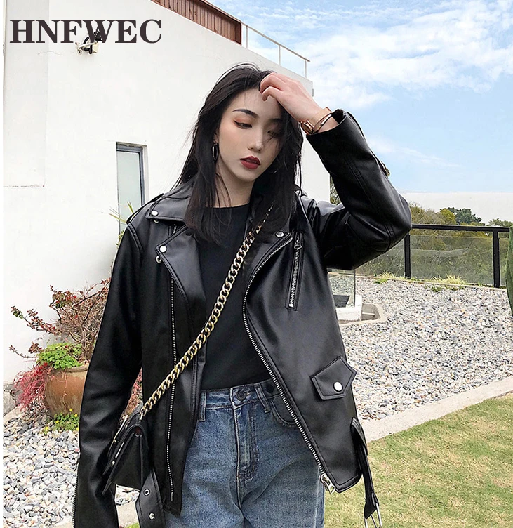 2020 Ins Autumn New Women's Solid PU Jacket Full Sleeve Turn-down Collar Rivet Pocket Slim Coat Korean Style Casual Tops D577 | Женская