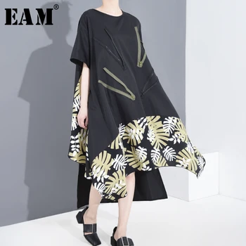 

[EAM] Women Black Pattern Printed Big Size Dress New Round Neck Half Sleeve Loose Fit Fashion Tide Spring Summer 2020 1T85501