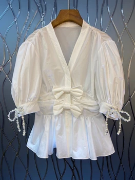 

2020 Early Autumn New Women's V-neck Waist Bow Stitching Cuff Knotted Ruffled Shirt 724