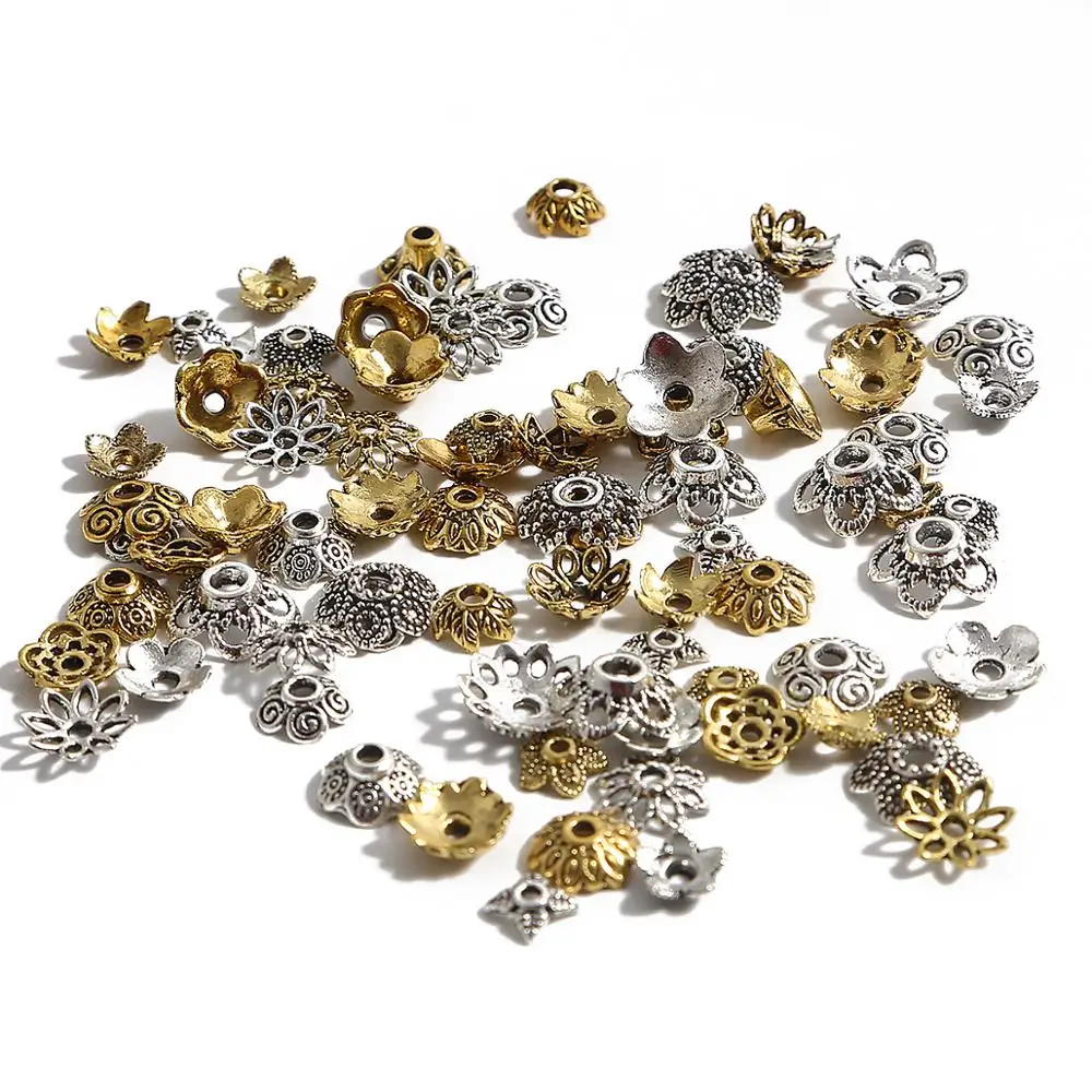 100/200pcs Mixed Tibetan Antique Silver Gold Flower Bead Caps Needlework Diy Accessories End For Jewelry Making Findings | Украшения и