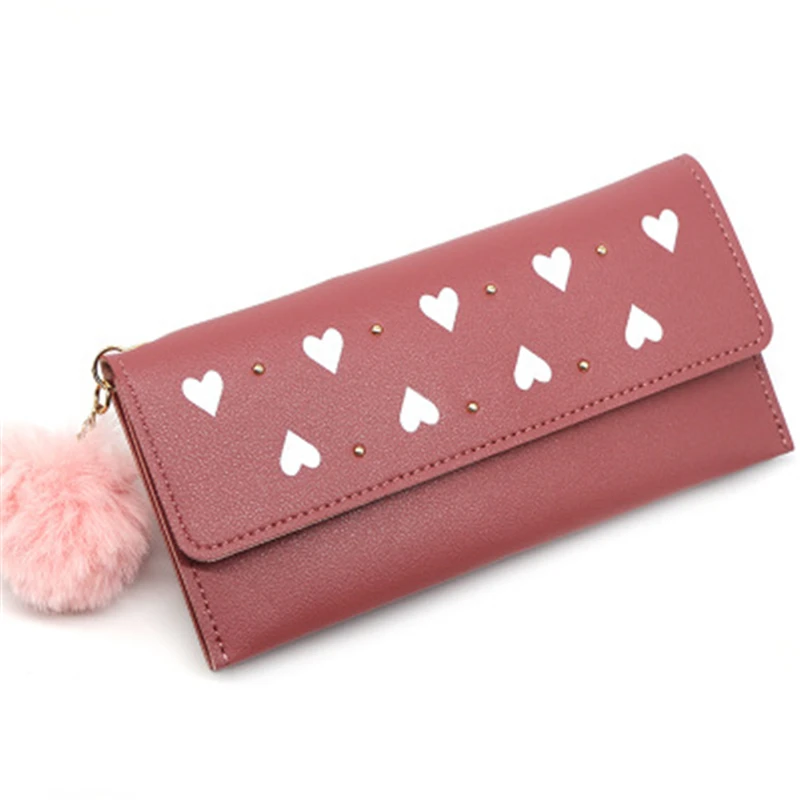 Women's purses Long Wallets Pure Color Wool Ball Bow Clutch Bag Card Coin Purse Standard Wallets PU Solid Polyester Wallet