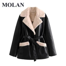 

MOLAN Women Black Faux Leather Jacket 2021 Autumn Winter Ladies Thick Wool Liner Sashes Streetwear Coat Female Pocket Outerwear