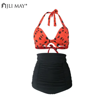 

JLI MAY Retro Black Dot Bikini Sets Women Sexy High Waist Wire Free Push Up Red Top Swimwear Bowknot Halter Beachwear