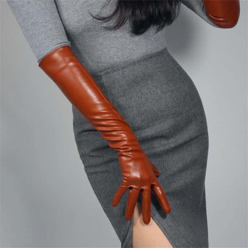 Coffee 50CM Ультра короткие кожаные перчатки 13 см, показывающие длину руки, эмуляция кожи овчины, кофейные, темно-коричневые, карамельные, Бронзовые женские перчатки WPU75 - Цвет: Coffee 50CM