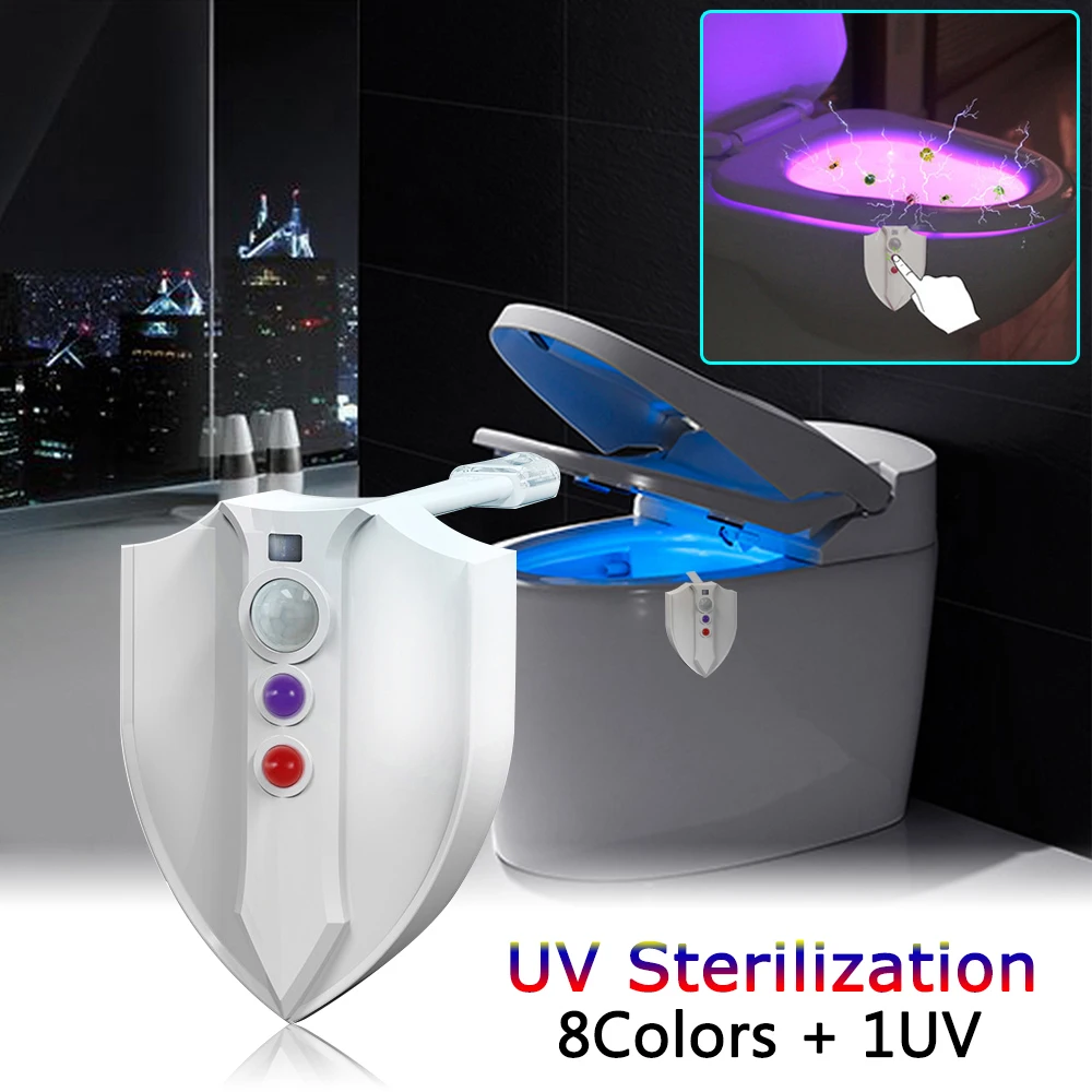 

8Colors 1UV 2Modes LED body Motion Sensor Toilet Seat Night Lamp Germicidal Sterilization Bacteria Bathroom LED Toilet Light D40
