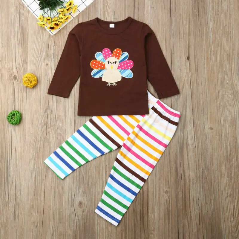 

2Pcs Toddler Baby Girls Thanksgiving Outfits Long Sleeve Turkey Tops Shirt + Colorful Striped Pants Leggings Clothes Set 1-6Y
