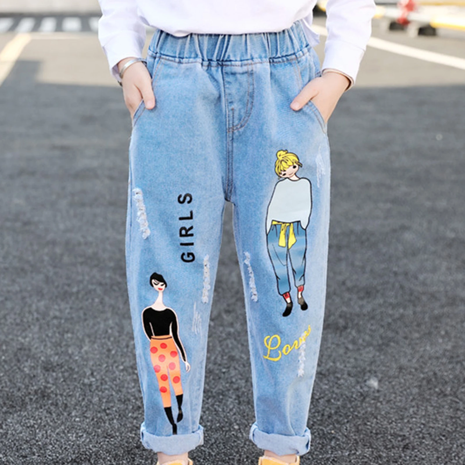 vaqueros casuales de dibujos animados para niñas, de cintura elástica para niños adolescentes, ropa para niños de 3 a 14T|Pantalones vaqueros| - AliExpress