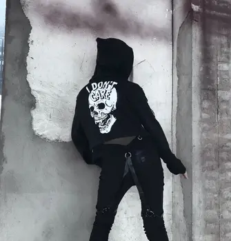 

92242 Super Cool Fake Two Piece Mesh Printed Hoodie Women BF Barebutton Skull Locomotive Girl