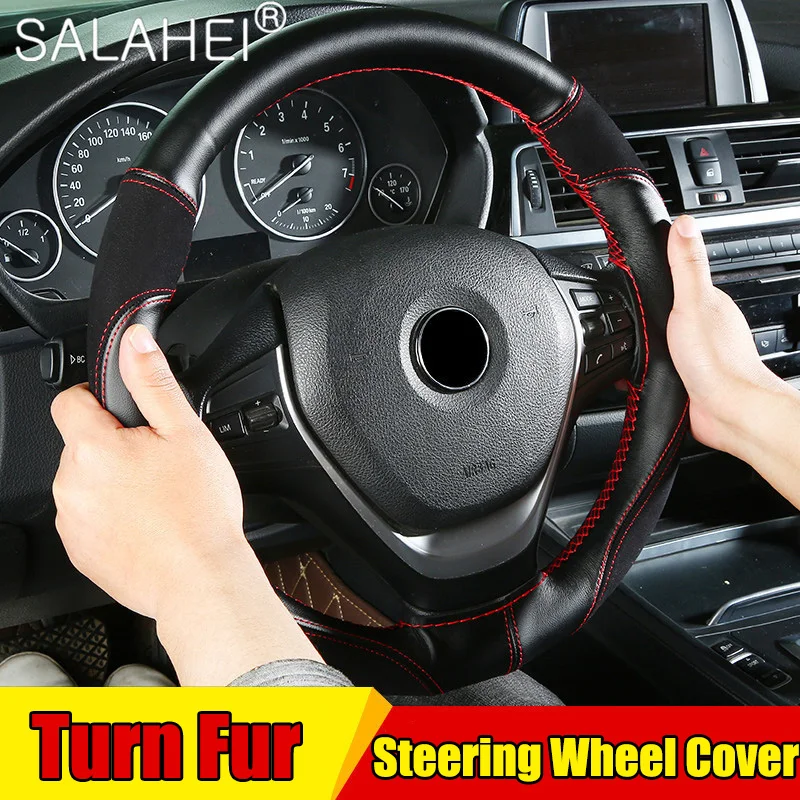 

Car Anti-Slip Steering Wheel Cover Turn Fur Leather With Soft Anti-Slip DIY Braid & Needles Leather Thread Universal 37-38cm
