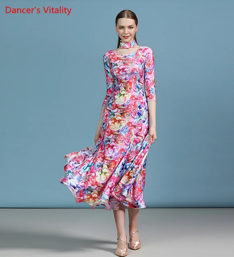 Adult Modern Dance Half Sleeve Spandex Printing Dress Ballroom National Standard Waltz Jazz Dancing Competition Practice Outfi