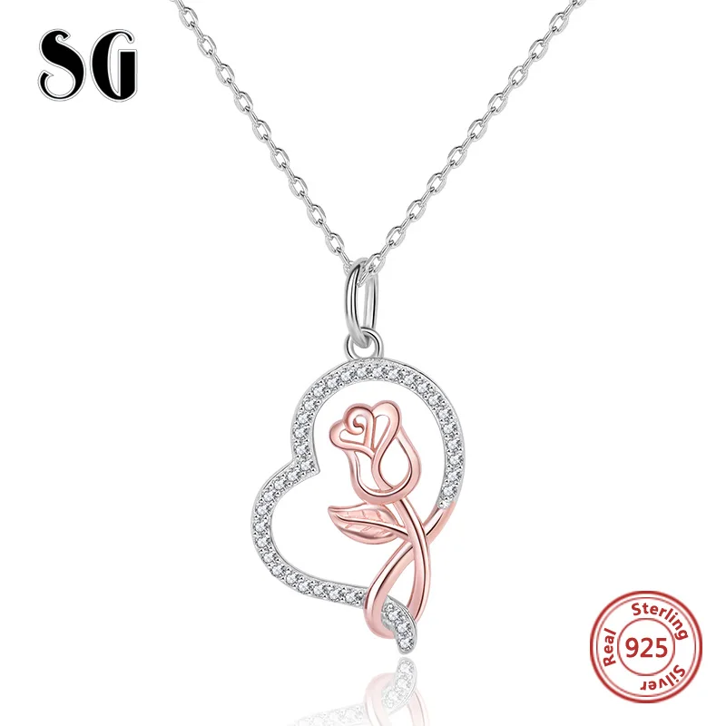 SG 925 пробы, Серебряное сердце, ожерелье с подвеской, розовое Цветочное Ожерелье-цепочка с фианитами, модное ювелирное изделие для женщин, подарки - Окраска металла: SGJP23624-P