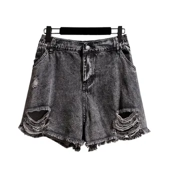 

New 2020 Spring Summer Hole Denim Shorts Jeans Casual Gray Elastic Waist Ripped Pockets Slim Loose Wide Leg Pants