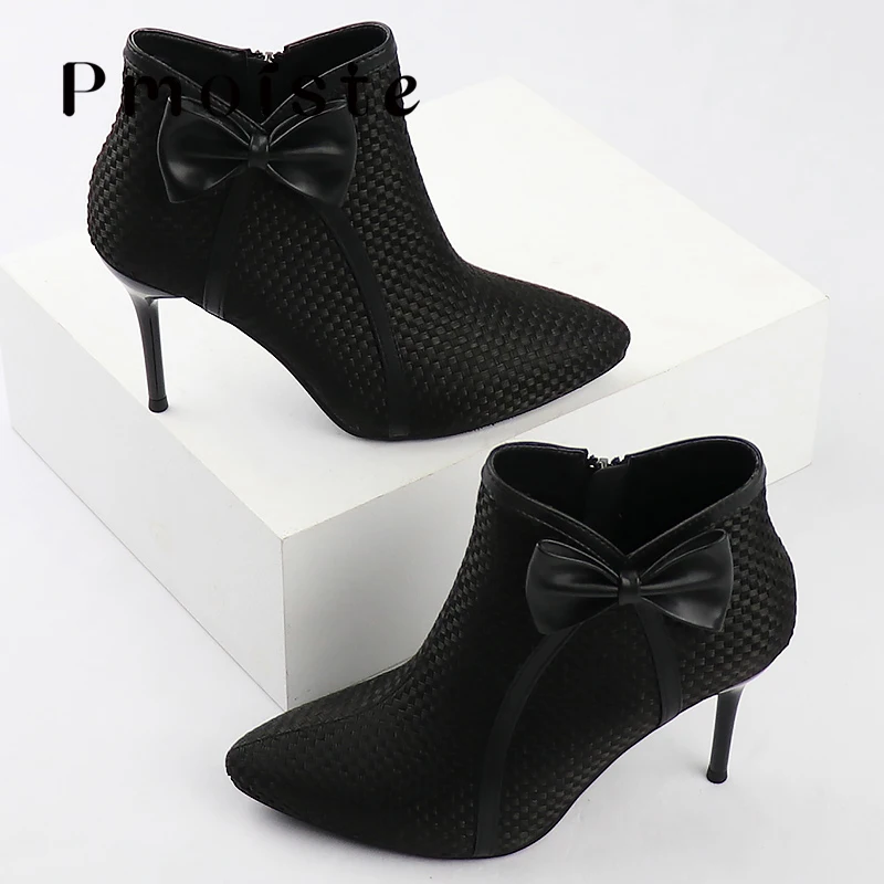 Women Ankle Boots 2021 New Fashion Woven Bow Ladies Shoes Thin High Heels Female Spring Autumn Zipper Blue Black Gray