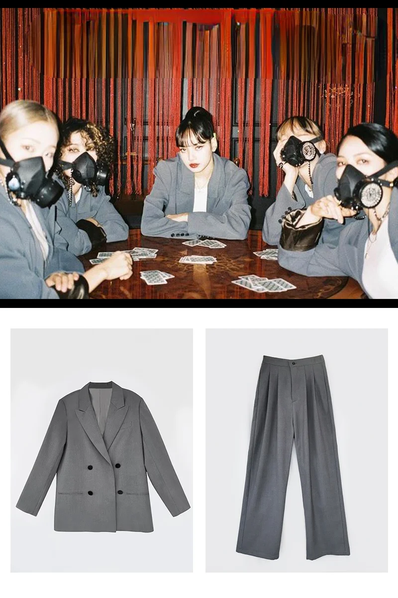

Kpop Korean Lisa Stage Show Double Breasted Oversized Blazers Jackets Coat + Loose High Waist Straight Wide leg Pants Women Sets