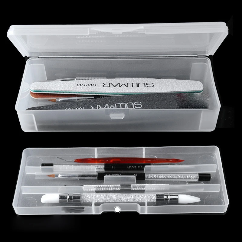 Reducido Caja de almacenamiento vacía rectangular de doble capa para manicura, pinzas, cortaúñas, bolígrafos, pulidor, limas, contenedor de plástico, 1 ud. Ma53ypqEb