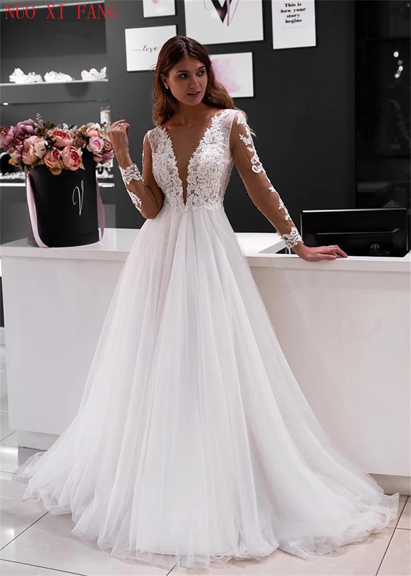 

Elegant Full Tulle Scoop Floor-length Zipper A-line Regular Plus Size Wedding Dress 2020 Lace Bridal Gown Vestido De Noiva