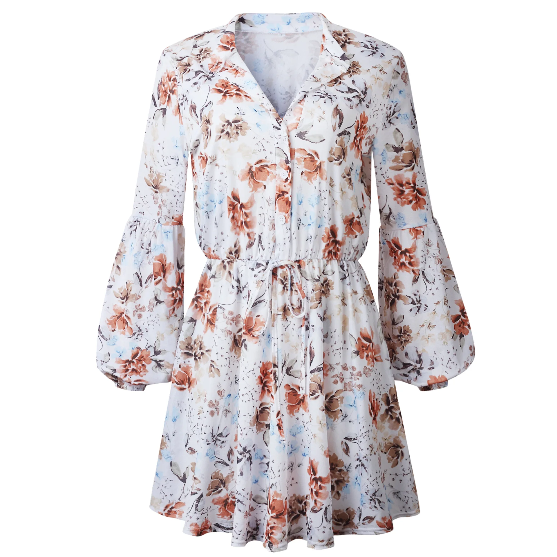 White Ruffled Mini Vintage Print Irregular Dress Autumn Clothing Lantern Sleeve Elegant Chiffon Dress Lace up Slim Streetwear