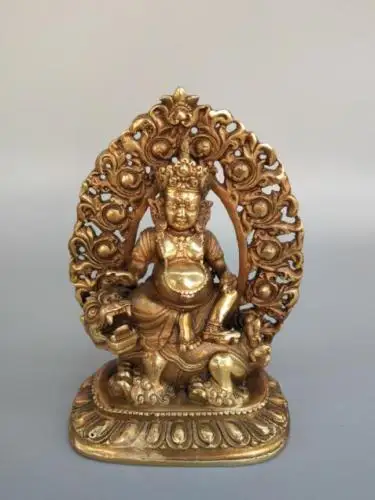 

Exquisite Pure Brass God Of Wealth Mammon Sitting Lion Lotus Flower Buddha Statue