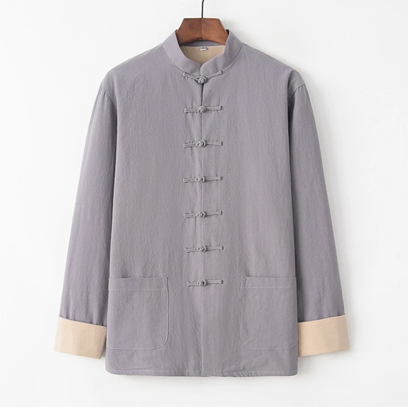 Plus Size 4XL Thick Kung Fu Shirts Mandarin Collar Chinese Loose Tai Chi Top Hot Sale 100% Cotton Jacket Double-deck gray Coat | Мужская