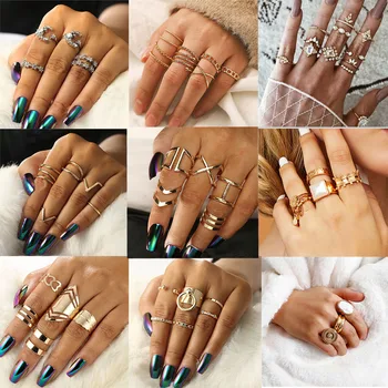 

21 styles Bohemian Retro Crystal Flower Hollow Lotus Ring Set Women Geometry Crystal Joint Ring Set