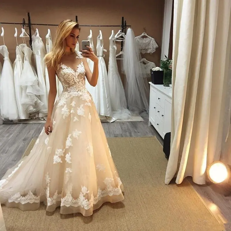 

Champagne A Line Wedding Dresses 2020 robe de mariee Appliqe Lace Wedding Gowns Alibaba Custom Made Bridal Dress