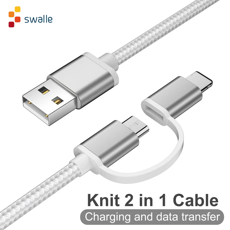 Swalle 2 in 1 knit usb cable micro usb c cable fast charger 2A usb data cable for iPhone andriod mobile phone cable Swalle 2 in 1 knit usb cable micro usb c cable fast charger 2A usb data cable for iPhone andriod mobile phone cable