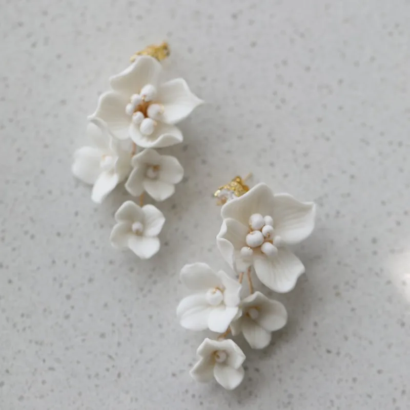 Ins Porcelain Flower Wedding Earrings Bridal Jewelry Gold Silver Color Handmade Women Drop Earring 6
