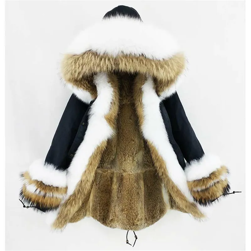 Новинка, Женское пальто с натуральным мехом, зимняя куртка, подкладка из кроличьего меха, толстая, теплая, натуральный мех енота, воротник из лисьего меха, капюшон, манжеты, длинная парка - Цвет: faux fur lining 17