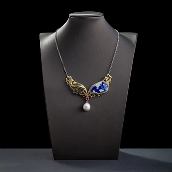 

Chinoiserie jewelry S925 silver inlaid porcelain pearl necklace fashion pendant earrings