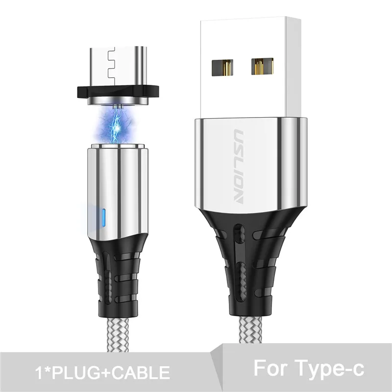 USLION 1 м 2 м металлический корпус светодиодный магнитный кабель usb type C для samsung Xiaomi Micro USB кабель для iPhone IOS 11 Магнитная линия передачи данных - Цвет: Silver For Type C