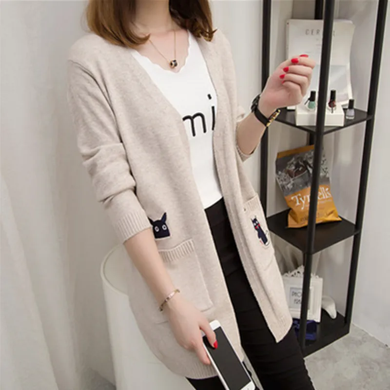 2022 Casual Long Knitted Cardigan Autumn Fashion Elegant Women Loose Solid Color Pocket Outwear Sweater Female Cape Cartoon Top |