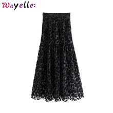 Черная сетчатая юбка макси с цветочным узором, женские прозрачные сексуальные юбки, базовая ретро элегантная длинная юбка с боковой молнией, Faldas Mujer