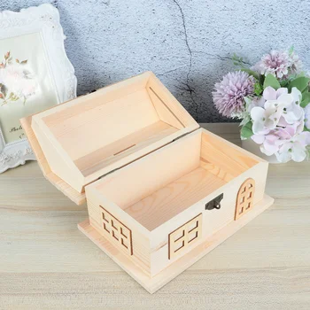 

Multifunctional Pine Storage Box House-shaped Wooden Box Creative Piggy Bank Desktop Jewelry Box(Wood Color)