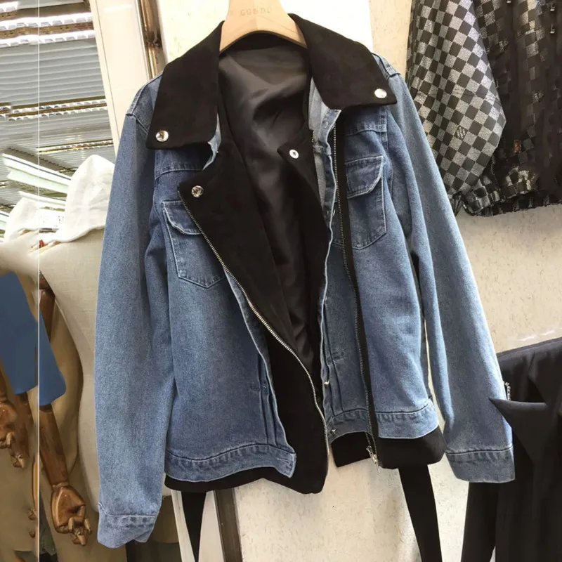 

LANMREM 2020 Denim Woolen Coat Stitching Fake Two-piece Lapel Long-sleeved Zipper Slim Fashion Jacket Jacket Female 19B-a422