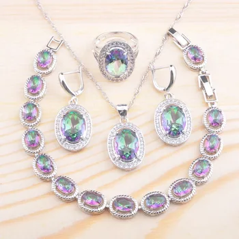 

Silver Color Jewelry Sets For Women Rainbow Multi Color Semi-preciou Bracelet Pendant Earrings Ring Brithday Gift QS0115
