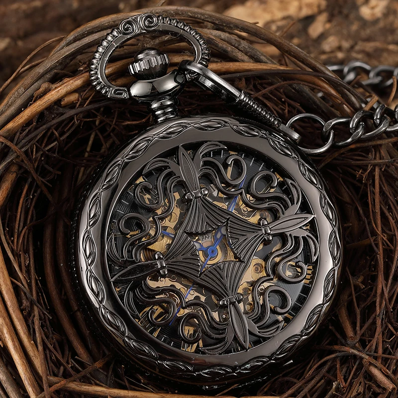 Unique Mechanical Pocket Watch Hollow Black Dial Hand-Winding Men Pendant Collection Fob Chain Watch Skeleton Steampunk Clock bronze mens hand winding mechanical pocket watch retro skeleton clock roman numeral dial half hunter pendant chain gift reloj