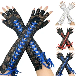 Stylish Ribbon Fingerless Fishnet Mesh Gloves For Ladies Touch Screen Elbow Length Half-Finger Gloves Sexy Punk Arm Cover