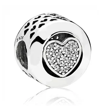 

Original Sparkling PAN Signature Heart With Crystal Charm Fit 925 Sterling Silver Bead Charm Bracelet DIY Jewelry