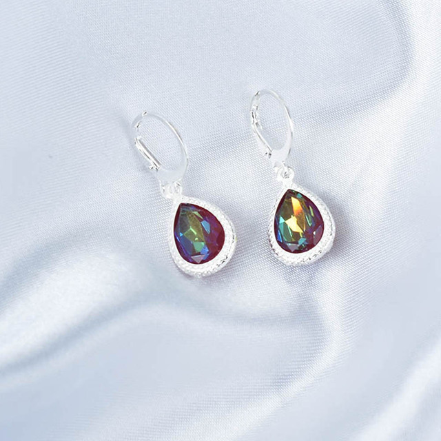 Geometric Crystal Water Drop Earrings For Women Silver Color Red Blue Jewelry Bridal Gift Boucle D'Oreille Femme