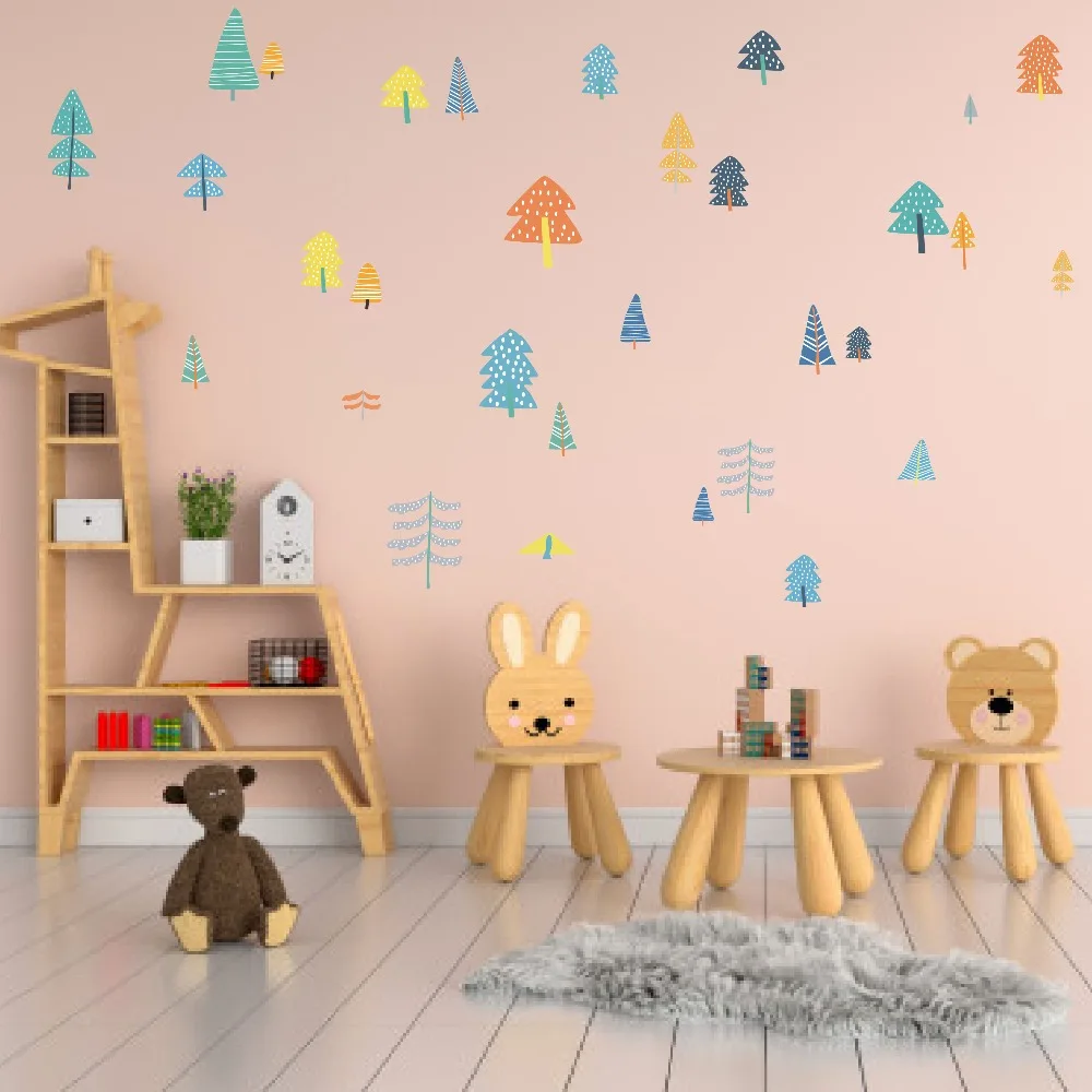 Красочные деревянные сосновые деревья DIY Настенная Наклейка в детскую художественный Декор лес виниловые наклейки на стены для детской комнаты натуральное Украшение стен