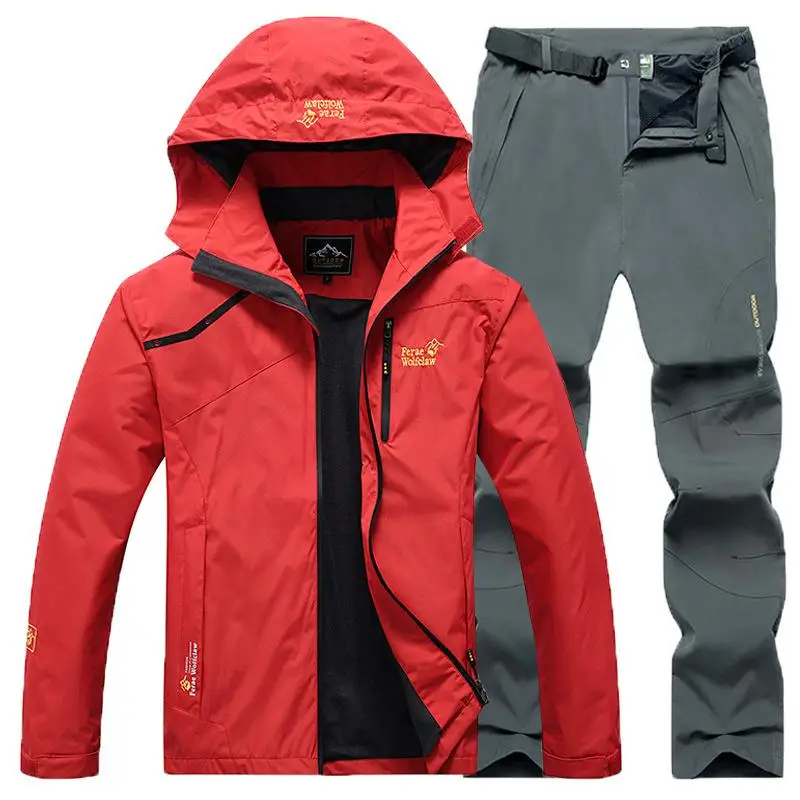 Новинка года, мужские зимние водонепроницаемые лыжные теплые флисовые теплый флис для походов, походная куртка для походов, походная куртка, комплект со штанами, M-6xl - Цвет: red