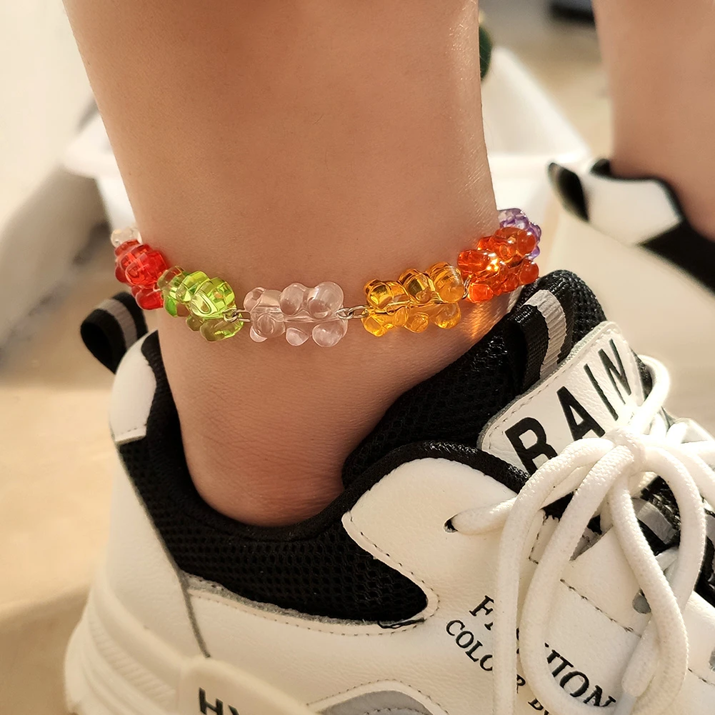Tobilleras de cadena de oso de goma de resina hechas a mano coreanas para mujer niña, tobillera de Metal de oso de colores caramelo, pulsera de Metal, nuevo|Tobilleras| - AliExpress