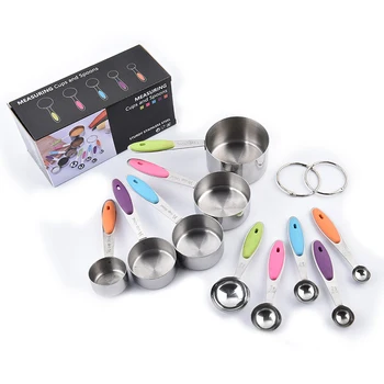 

10pcs/set Stainless Steel Silicone Heat Insulation Handle Measuring Cup Measuring Spoon Baking Tool Kitchen Dedicated Tools