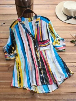 

Plus Size New Women's Half Sleeve Summer Shirts Top Color Stripe V Neck Plus Size Loose Blouse Tops Beach Casual Shirt 2019 hot