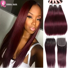 1B 99J Bundles With Closure Ombre Colored Red 2/3/4 Bundles With Closure Peruvian Straight Human Hair Weave Bundles With Closure