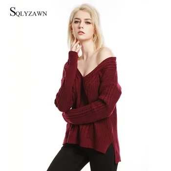 

Neon Color Women Knit V-neck Sweaters Long-sleeve Sexy Off-shoulder Back Cross Sweater Shirt Ladies Solid Loose Sweaters Tops