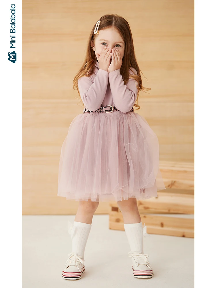 Minibalabala/Сетчатое платье для девочек с принтом вишни; Новинка г.; осеннее Пышное Платье с длинными рукавами и высоким воротом
